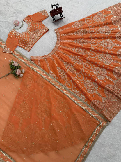 Exquisite Orange Faux Georgette Embroidered Lehenga Choli Set
