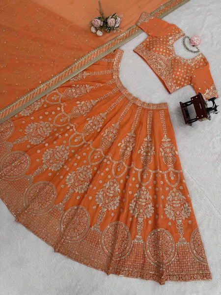 Exquisite Orange Faux Georgette Embroidered Lehenga Choli Set