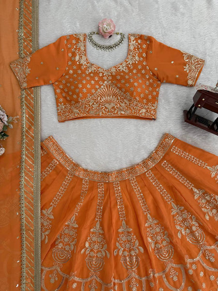 Exquisite Orange Faux Georgette Embroidered Lehenga Choli Set