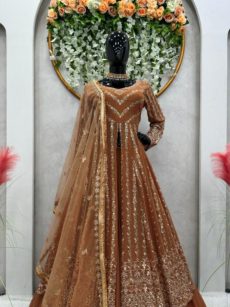 coffee color Thread Sequin Georgette Lehenga Choli Set with Soft Net Dupatta