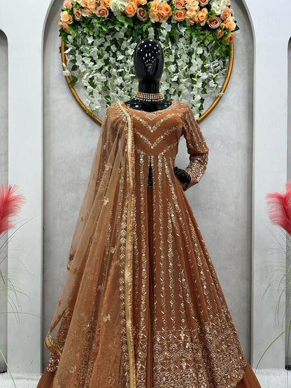 coffee color Thread Sequin Georgette Lehenga Choli Set with Soft Net Dupatta