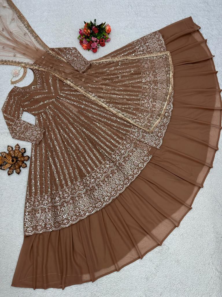 coffee color Thread Sequin Georgette Lehenga Choli Set with Soft Net Dupatta
