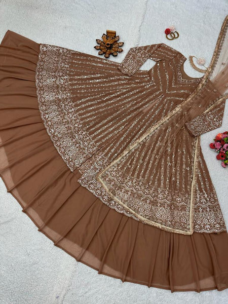 coffee color Thread Sequin Georgette Lehenga Choli Set with Soft Net Dupatta