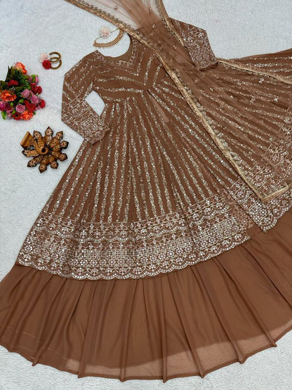 coffee color Thread Sequin Georgette Lehenga Choli Set with Soft Net Dupatta