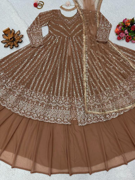 coffee color Thread Sequin Georgette Lehenga Choli Set with Soft Net Dupatta