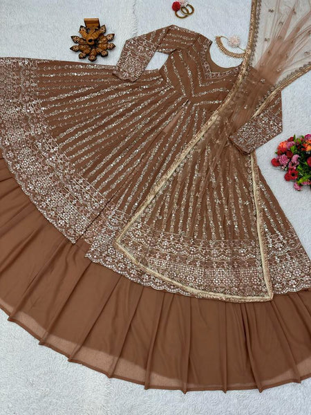 coffee color Thread Sequin Georgette Lehenga Choli Set with Soft Net Dupatta