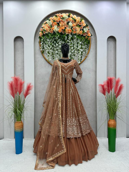 coffee color Thread Sequin Georgette Lehenga Choli Set with Soft Net Dupatta