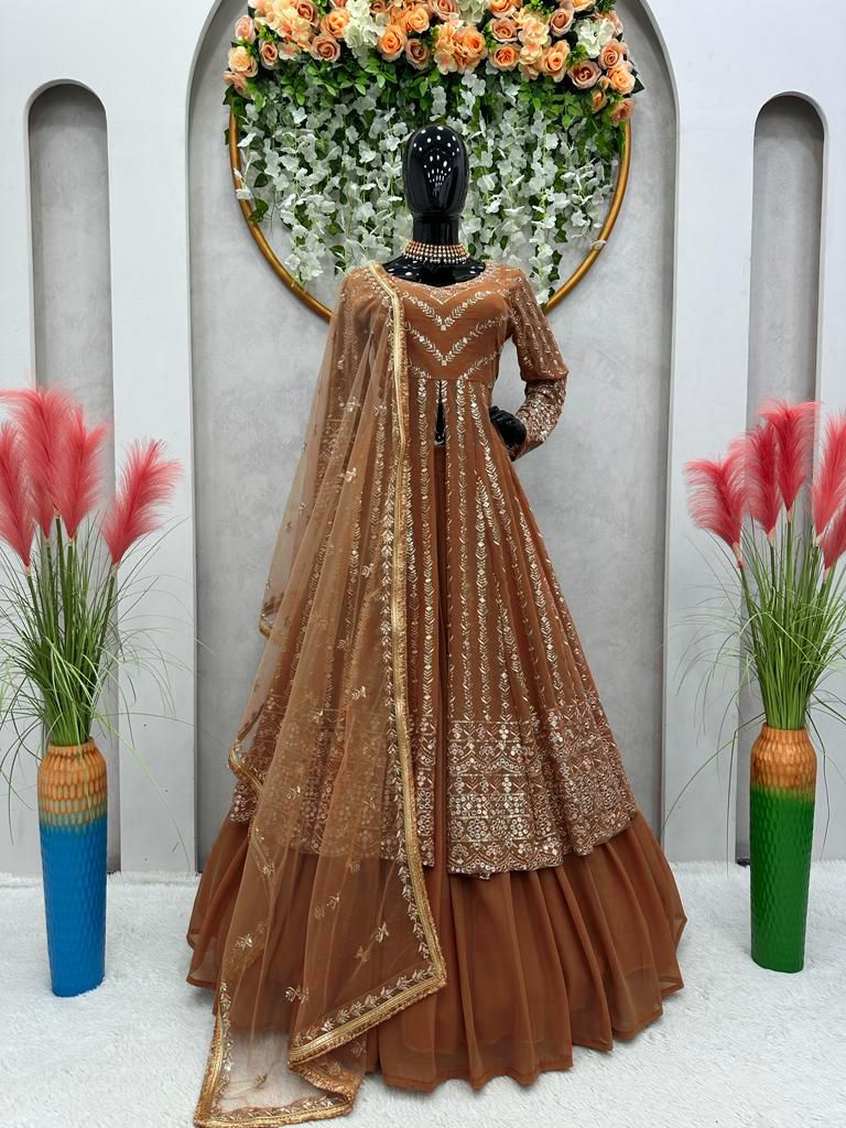 coffee color Thread Sequin Georgette Lehenga Choli Set with Soft Net Dupatta
