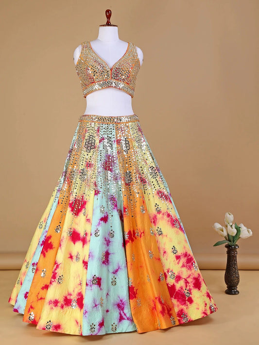 Multi color Taffeta Silk Choli Lehenga with Dupatta for women