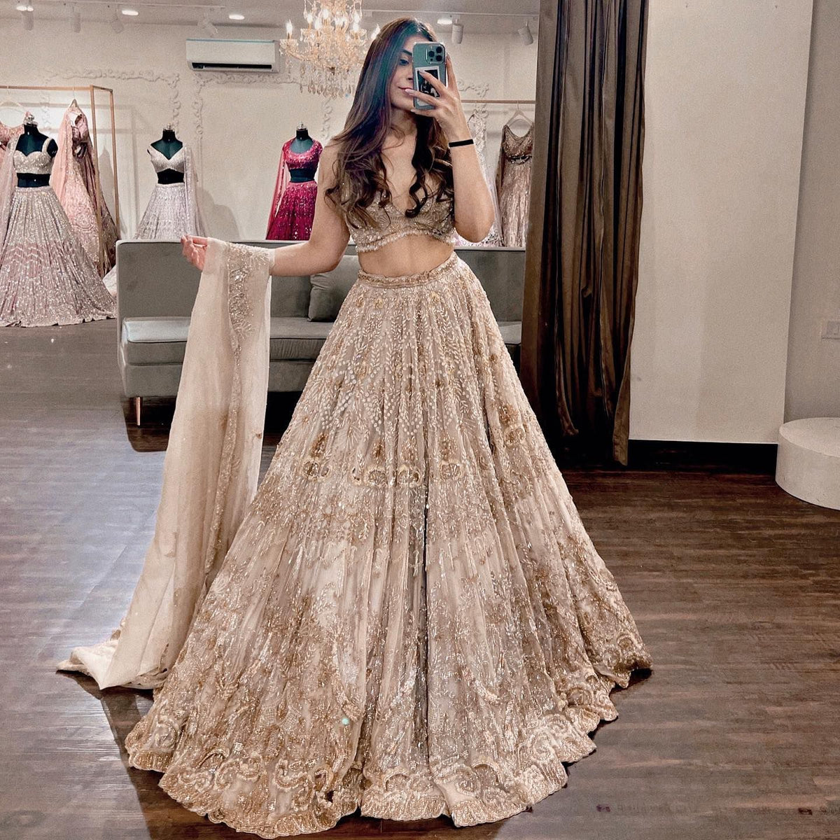 Latest Cream Color Net Embroidery Lehenga Choli