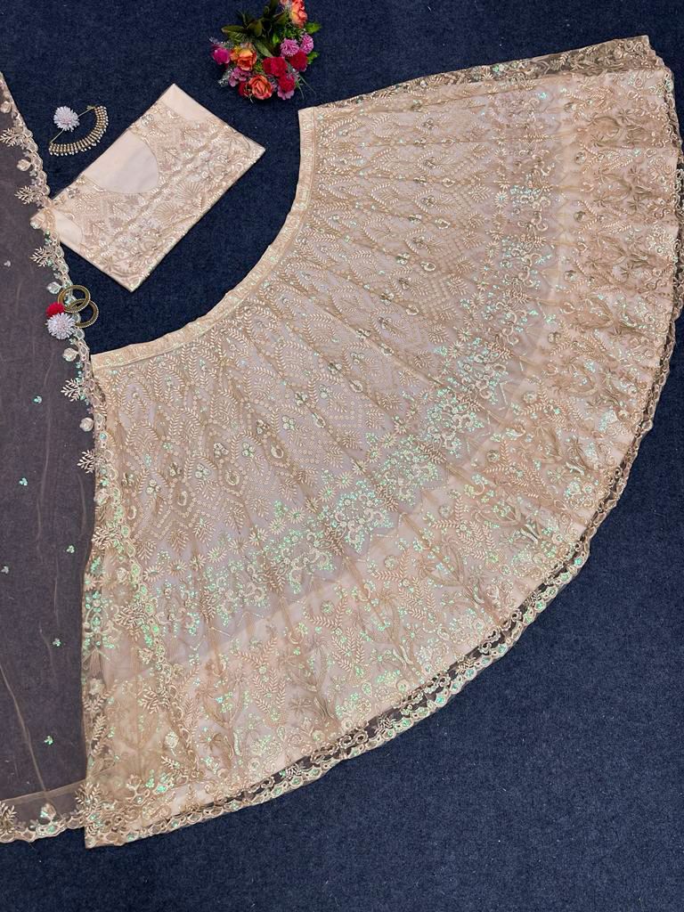 Latest Cream Color Net Embroidery Lehenga Choli