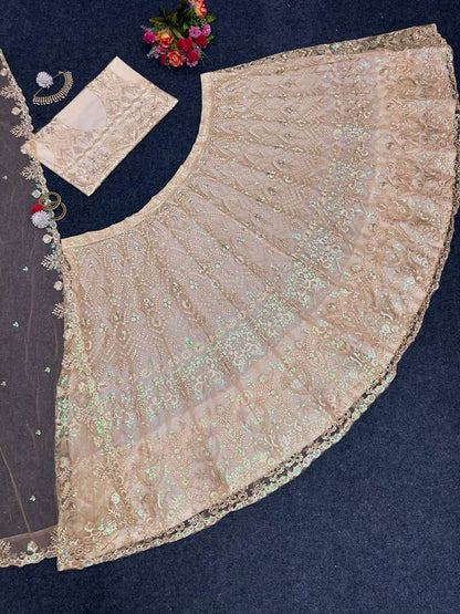 Latest Cream Color Net Embroidery Lehenga Choli