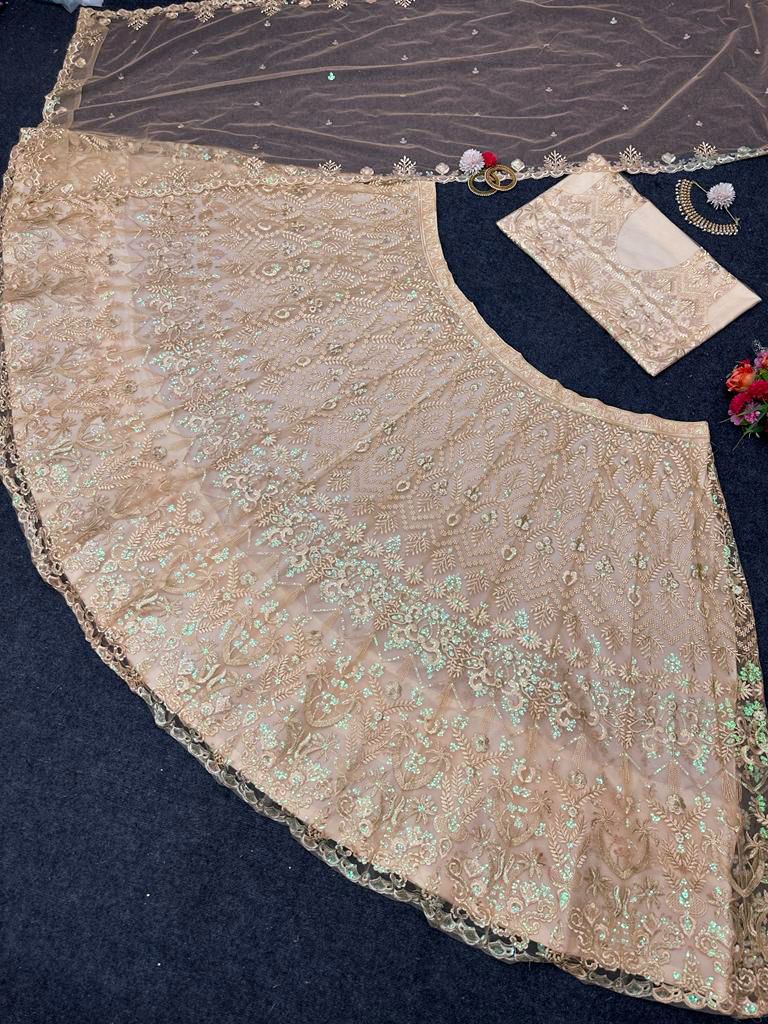 Latest Cream Color Net Embroidery Lehenga Choli