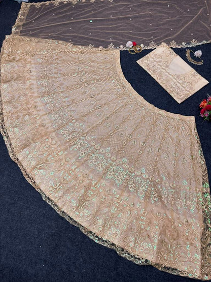Latest Cream Color Net Embroidery Lehenga Choli