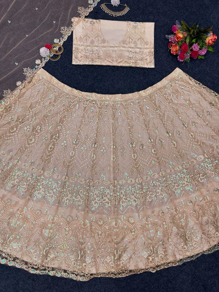 Latest Cream Color Net Embroidery Lehenga Choli