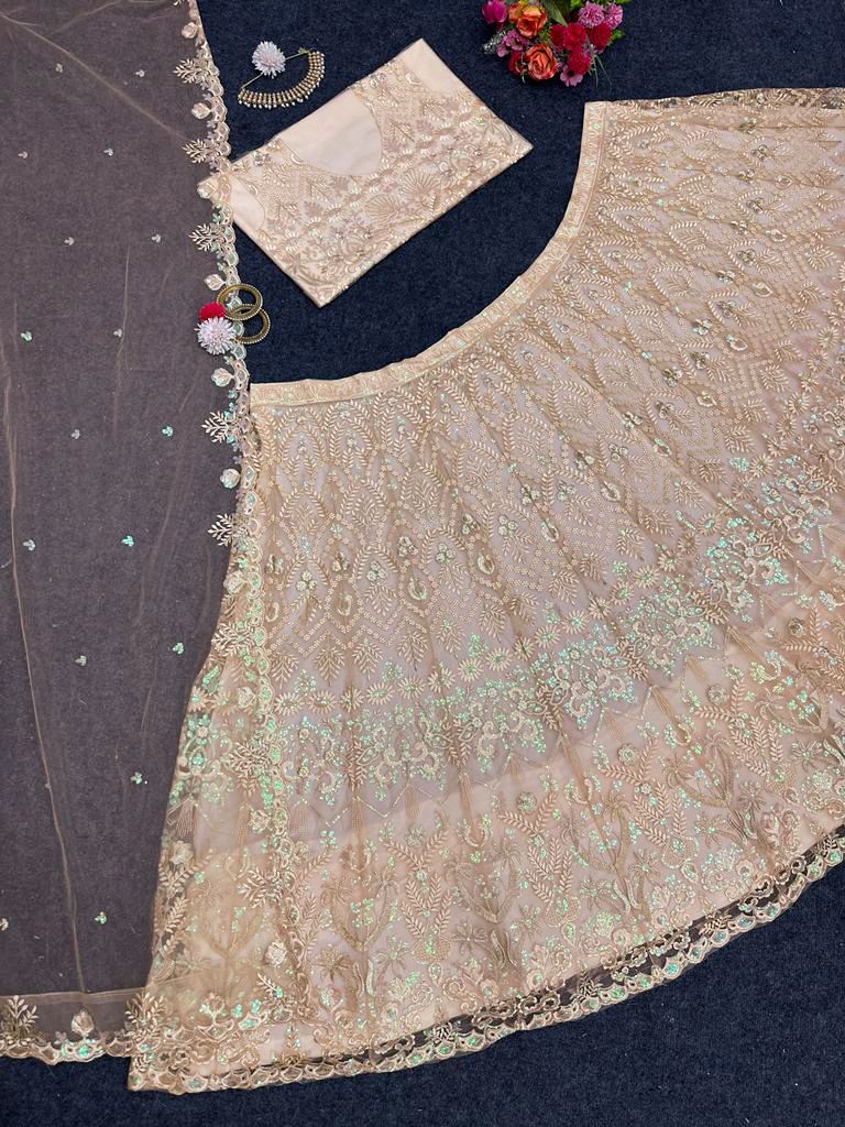 Latest Cream Color Net Embroidery Lehenga Choli