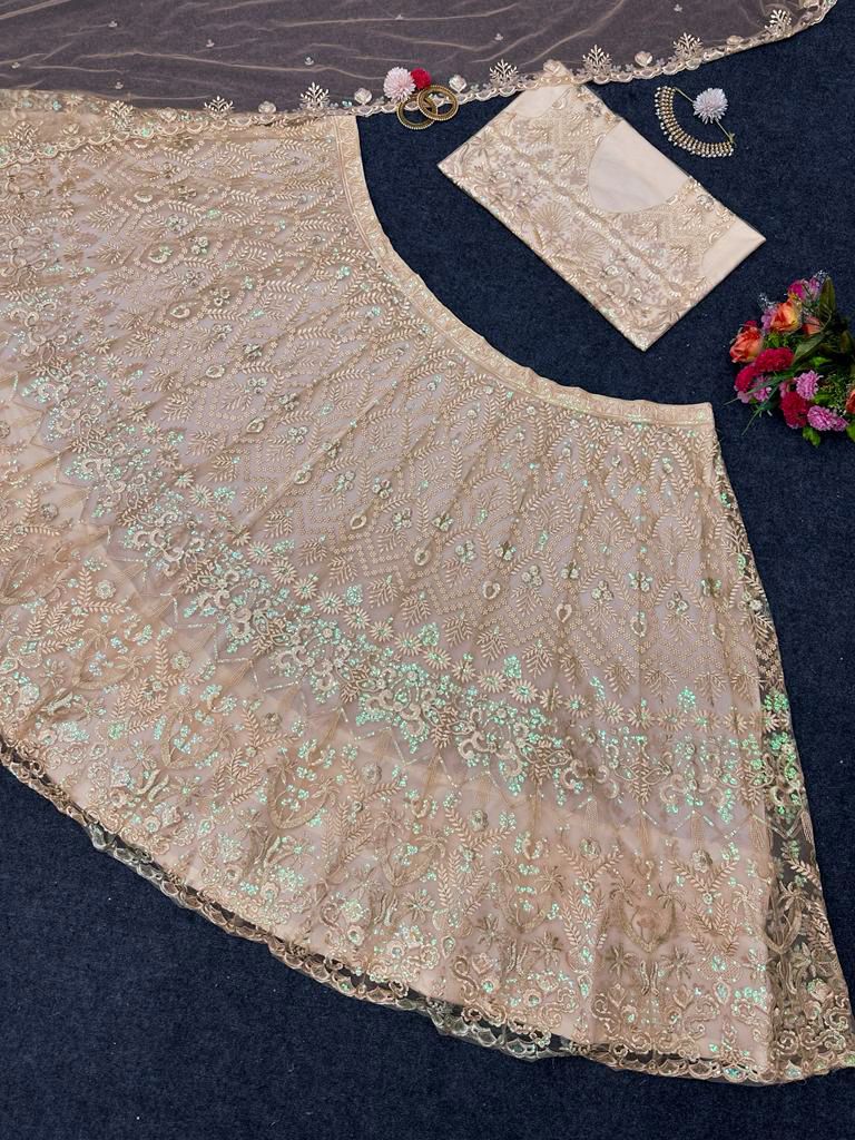 Latest Cream Color Net Embroidery Lehenga Choli