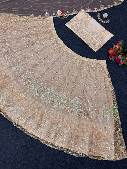 Latest Cream Color Net Embroidery Lehenga Choli