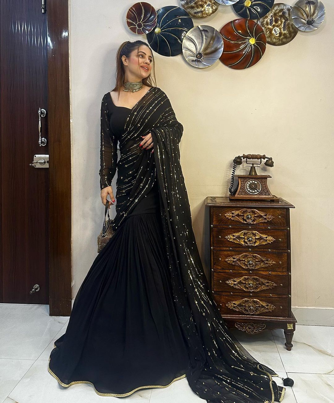 Buy Black Lehenga Saree Chiffon Anupa Border Stitched With Blouse For Women  by Gopi Vaid Online at Aza Fashions.