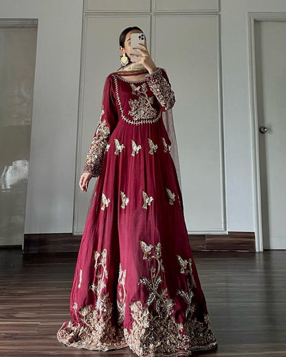 Best Quality Maroon Long Anarkail Gown With Dupatta and bottom set