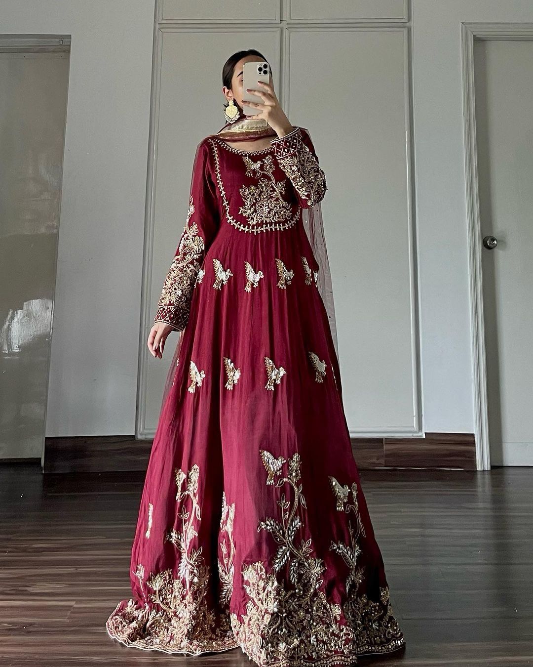 Georgette Solid Angrakha Style Long Gown (Wine)