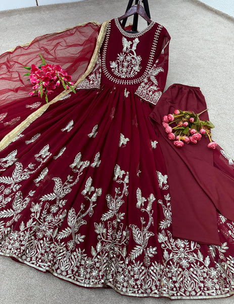 Best Quality Maroon Long Anarkail Gown With Dupatta and bottom set