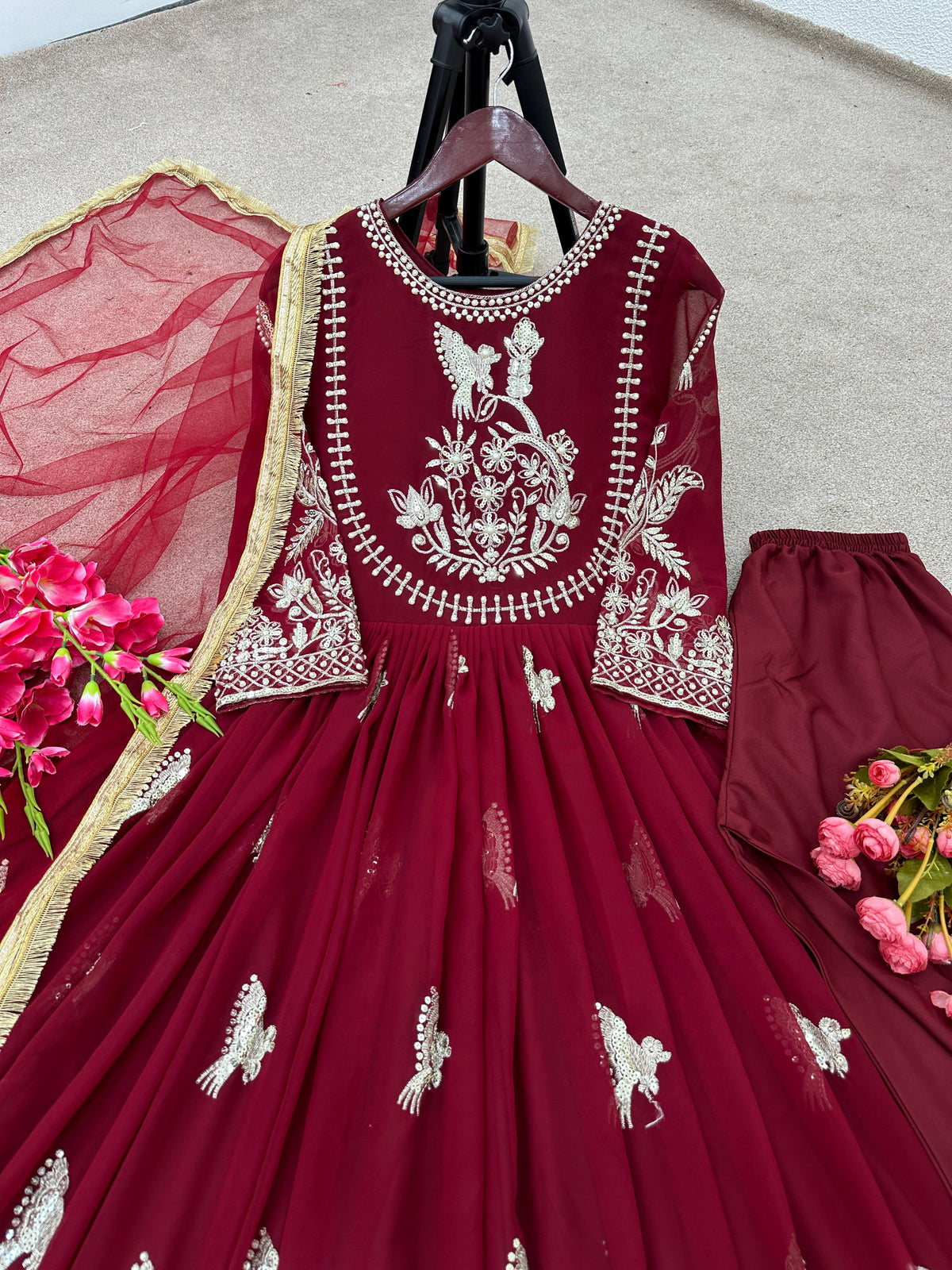 Best Quality Maroon Long Anarkail Gown With Dupatta and bottom set
