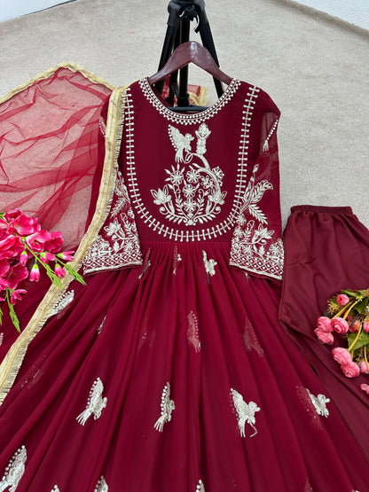 Best Quality Maroon Long Anarkail Gown With Dupatta and bottom set