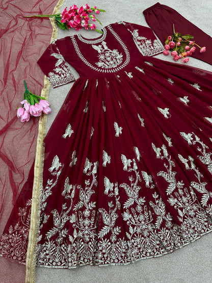 Best Quality Maroon Long Anarkail Gown With Dupatta and bottom set