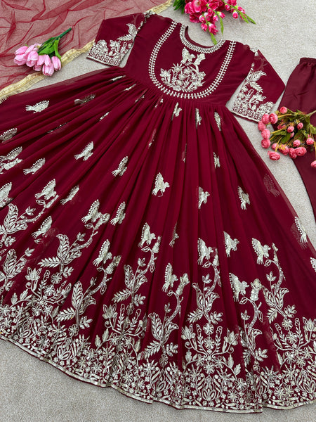 Best Quality Maroon Long Anarkail Gown With Dupatta and bottom set