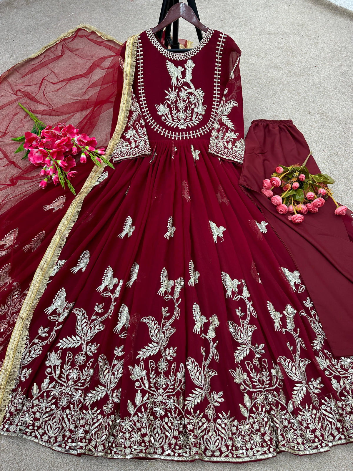 Best Quality Maroon Long Anarkail Gown With Dupatta and bottom set
