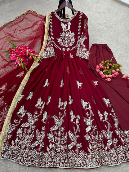 Best Quality Maroon Long Anarkail Gown With Dupatta and bottom set