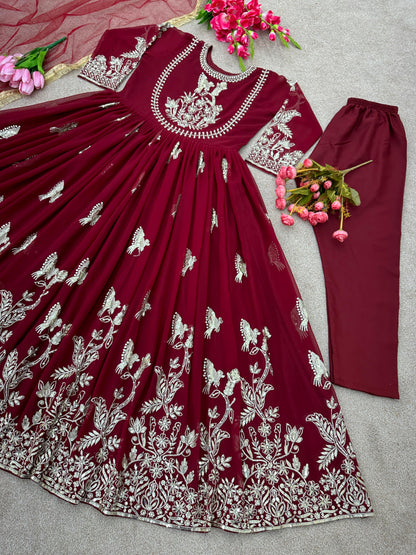 Best Quality Maroon Long Anarkail Gown With Dupatta and bottom set