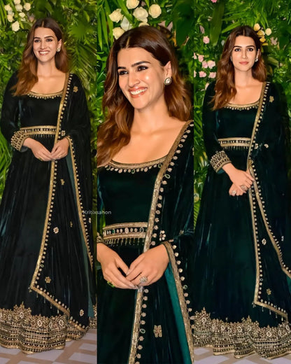 Green Designer Party Wear Look Viscose Velvet With Heavy Embroidery Work Gown With Dupatta