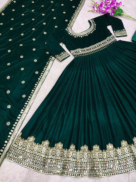 Green Designer Party Wear Look Viscose Velvet With Heavy Embroidery Work Gown With Dupatta