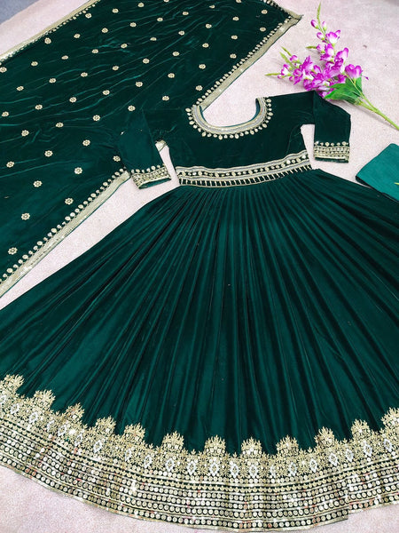 Green Designer Party Wear Look Viscose Velvet With Heavy Embroidery Work Gown With Dupatta