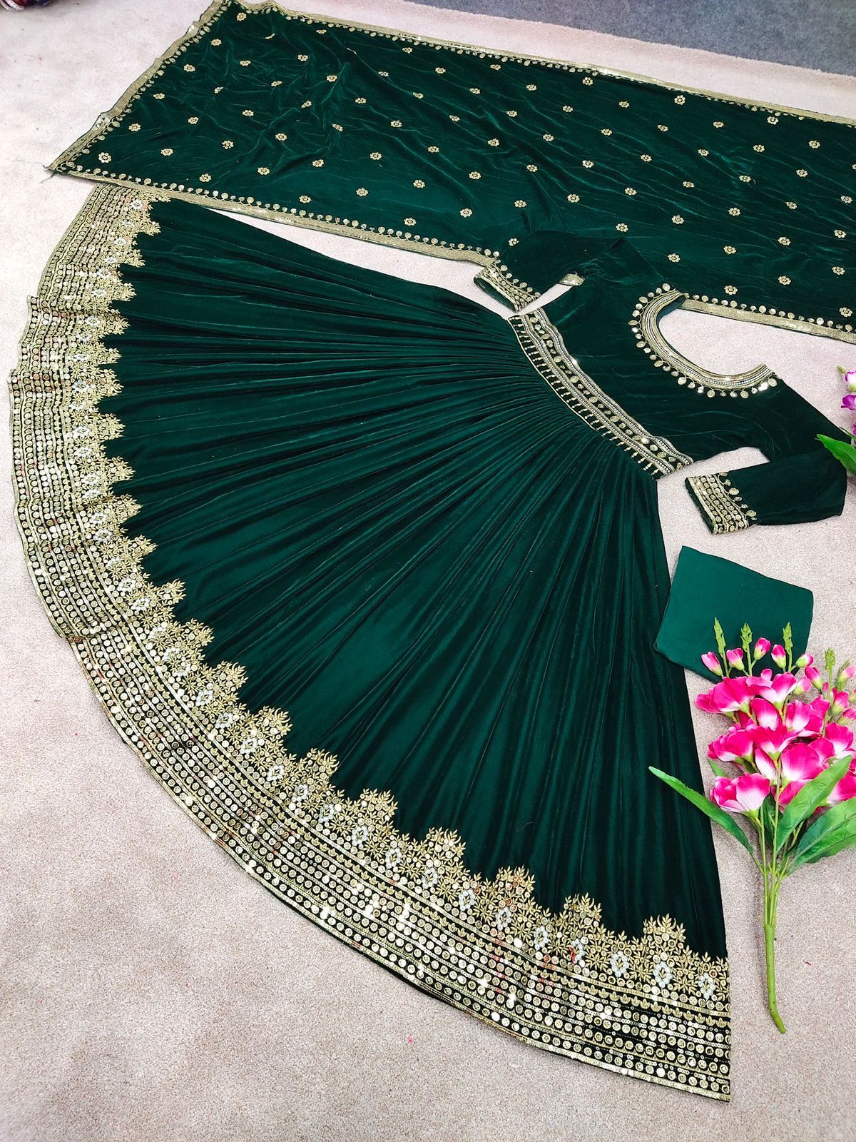 Green Designer Party Wear Look Viscose Velvet With Heavy Embroidery Work Gown With Dupatta