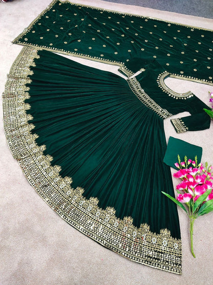 Green Designer Party Wear Look Viscose Velvet With Heavy Embroidery Work Gown With Dupatta