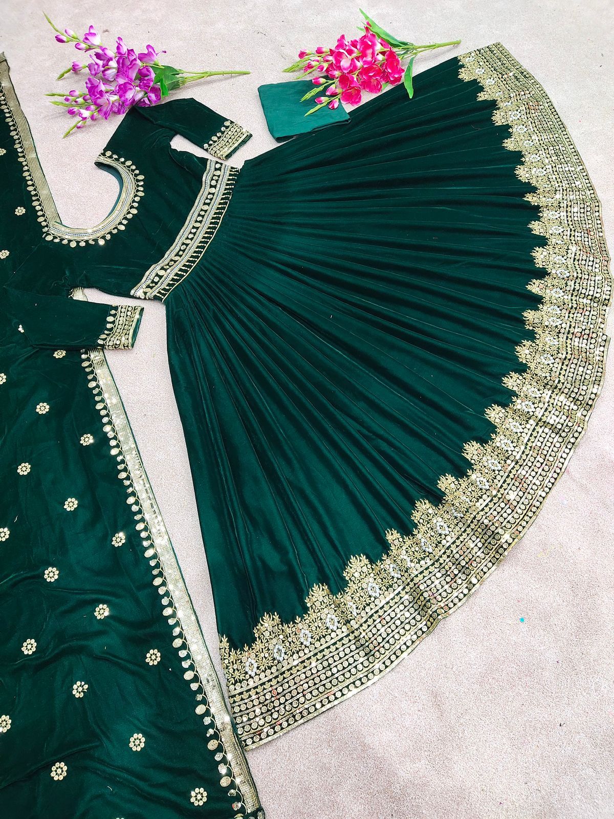 Green Designer Party Wear Look Viscose Velvet With Heavy Embroidery Work Gown With Dupatta