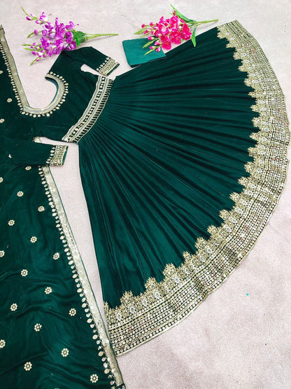 Green Designer Party Wear Look Viscose Velvet With Heavy Embroidery Work Gown With Dupatta