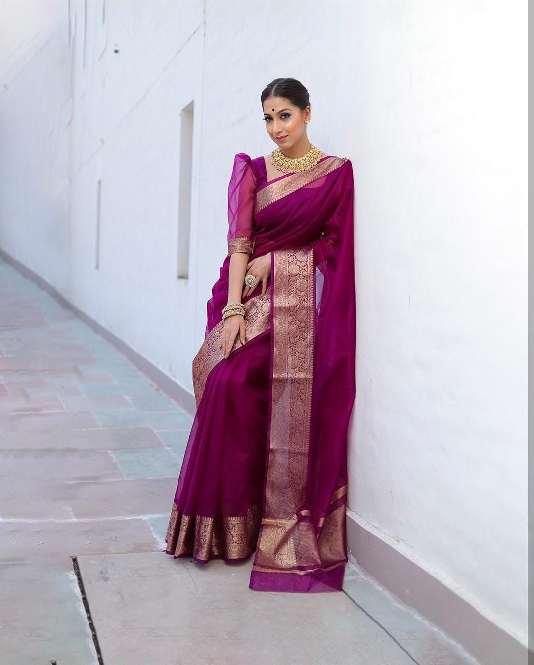 Kora Organza Jacquard Soff Saree with pallu and running blouse