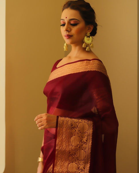 Kora Organza Jacquard Soff Saree with pallu and running blouse