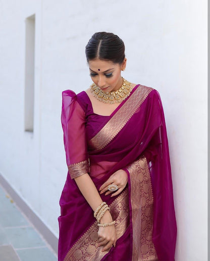 Kora Organza Jacquard Soff Saree with pallu and running blouse