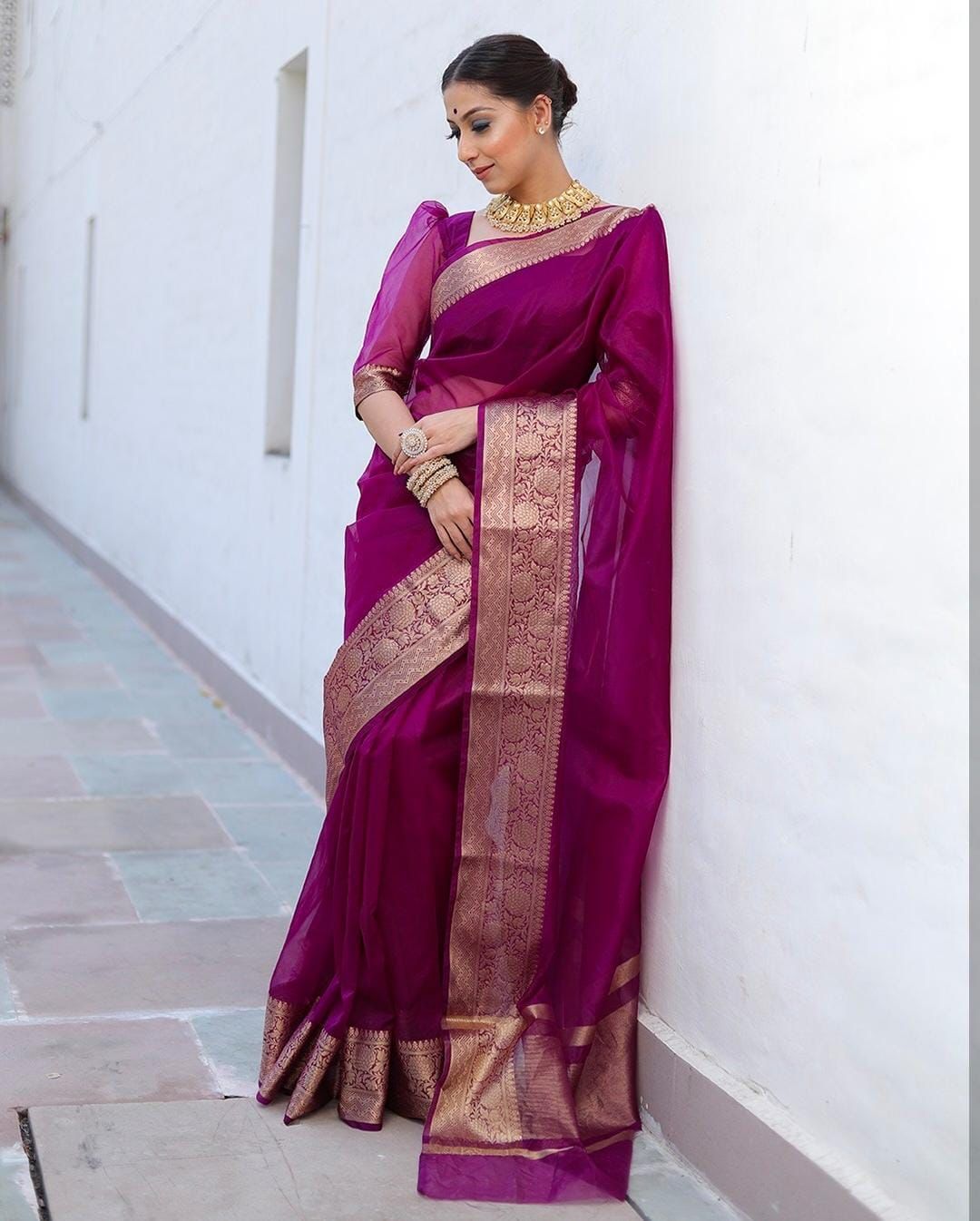Kora Organza Jacquard Soff Saree with pallu and running blouse