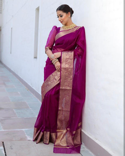 Kora Organza Jacquard Soff Saree with pallu and running blouse