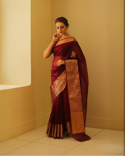 Kora Organza Jacquard Soff Saree with pallu and running blouse