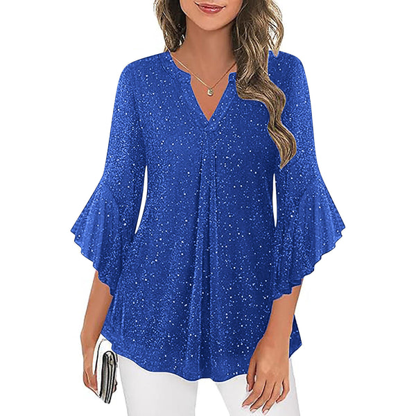 Womens Casual Silver-Thread Mesh V-Neck Petal Three-Quarter Sleeve Loose Top