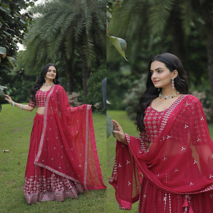 Rani Color Function Wear Georgette Embroidery Work Lehenga Choli Dupatta Set