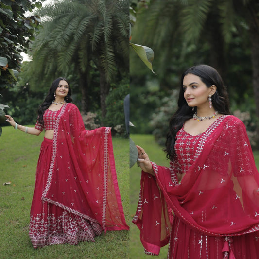 Rani Color Function Wear Georgette Embroidery Work Lehenga Choli Dupatta Set