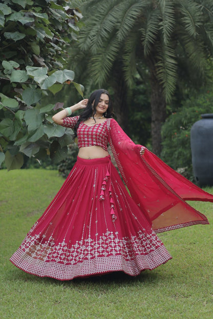 Rani Color Function Wear Georgette Embroidery Work Lehenga Choli Dupatta Set